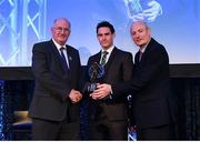 21 April 2018; Michael Farragher of Corofin is presented with his award by Uachtarán Chumann Lúthchleas Gael John Horan and Denis O'Callaghan, Head of AIB Retail Banking at the AIB GAA Club Player Awards at Croke Park in Dublin. Photo by Eóin Noonan/Sportsfile