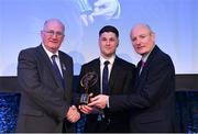 21 April 2018; David Treacy of Cuala is presented with his award by Uachtarán Chumann Lúthchleas Gael John Horan and Denis O'Callaghan, Head of AIB Retail Banking at the AIB GAA Club Player Awards at Croke Park in Dublin. Photo by Eóin Noonan/Sportsfile