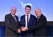 21 April 2018; Brendan Rogers of Slaughtneil is presented with his award by Uachtarán Chumann Lúthchleas Gael John Horan and Denis O'Callaghan, Head of AIB Retail Banking at the AIB GAA Club Player Awards at Croke Park in Dublin. Photo by Eóin Noonan/Sportsfile