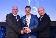 21 April 2018; Philip Mahony of Ballygunner is presented with his award by Uachtarán Chumann Lúthchleas Gael John Horan and Denis O'Callaghan, Head of AIB Retail Banking at the AIB GAA Club Player Awards at Croke Park in Dublin. Photo by Eóin Noonan/Sportsfile