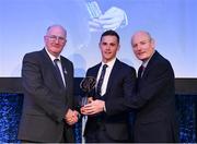 21 April 2018; Darragh O’Connell of Cuala is presented with his award by Uachtarán Chumann Lúthchleas Gael John Horan and Denis O'Callaghan, Head of AIB Retail Banking at the AIB GAA Club Player Awards at Croke Park in Dublin. Photo by Eóin Noonan/Sportsfile