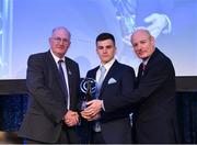 21 April 2018; Cian O’Callaghan of Cuala is presented with his award by Uachtarán Chumann Lúthchleas Gael John Horan and Denis O'Callaghan, Head of AIB Retail Banking at the AIB GAA Club Player Awards at Croke Park in Dublin. Photo by Eóin Noonan/Sportsfile