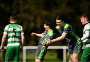 22 April 2018; Yuta Sasaki of Dublin Bus celebrates with team mate Colm Dunne after scoring his side's first goal during the Irish Daily Mail FAI Senior Cup Qualifying Round match between Dublin Bus and Firhouse Clover at Coldcut Park in Palmerstown, Dublin. Photo by Eóin Noonan/Sportsfile