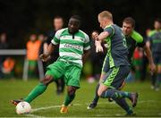 22 April 2018; Ajibola Sule of Firhouse Clover in action against Liam Dwyer of Dublin Bus during the Irish Daily Mail FAI Senior Cup Qualifying Round match between Dublin Bus and Firhouse Clover at Coldcut Park in Palmerstown, Dublin. Photo by Eóin Noonan/Sportsfile