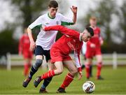 22 April 2018; Marco Crowley of Cork Youth League is tackled by Darragh Byrne of Mayo Schoolboys & Youths Association Football League during the FAI Youth Interleague Cup Final match between Mayo Schoolboys & Youths Association Football League and Cork Youth League at Milebush Park in Castlebar, Mayo. Photo by Harry Murphy/Sportsfile