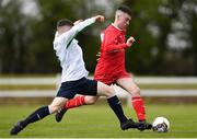 22 April 2018; Jack Waters of Cork Youth League is tackled by Lee Traynor of Mayo Schoolboys & Youths Association Football League during the FAI Youth Interleague Cup Final match between Mayo Schoolboys & Youths Association Football League and Cork Youth League at Milebush Park in Castlebar, Mayo. Photo by Harry Murphy/Sportsfile