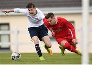 22 April 2018; Aaron McDonnell of Mayo Schoolboys & Youths Association Football League in action against Marco Crowley of Cork Youth League during the FAI Youth Interleague Cup Final match between Mayo Schoolboys & Youths Association Football League and Cork Youth League at Milebush Park in Castlebar, Mayo. Photo by Harry Murphy/Sportsfile