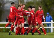 22 April 2018; Cathal Crowley of Cork Youth League celebrates after scoring his sides first goal with teammates during the FAI Youth Interleague Cup Final match between Mayo Schoolboys & Youths Association Football League and Cork Youth League at Milebush Park in Castlebar, Mayo. Photo by Harry Murphy/Sportsfile