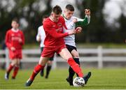 22 April 2018; Liam Ross of Cork Youth League is tackled by Lee Traynor of Mayo Schoolboys & Youths Association Football League during the FAI Youth Interleague Cup Final match between Mayo Schoolboys & Youths Association Football League and Cork Youth League at Milebush Park in Castlebar, Mayo. Photo by Harry Murphy/Sportsfile