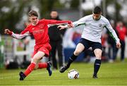 22 April 2018; Adam Bruton of Cork Youth League in action against Lee Traynor of Mayo Schoolboys & Youths Association Football League during the FAI Youth Interleague Cup Final match between Mayo Schoolboys & Youths Association Football League and Cork Youth League at Milebush Park in Castlebar, Mayo. Photo by Harry Murphy/Sportsfile