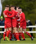 22 April 2018; Cathal Crowley of Cork Youth League celebrates after scoring his sides first goal with Marco Crowley during the FAI Youth Interleague Cup Final match between Mayo Schoolboys & Youths Association Football League and Cork Youth League at Milebush Park in Castlebar, Mayo. Photo by Harry Murphy/Sportsfile