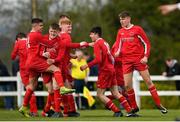 22 April 2018; Cathal Crowley of Cork Youth League, right, celebrates after scoring his sides first goal  during the FAI Youth Interleague Cup Final match between Mayo Schoolboys & Youths Association Football League and Cork Youth League at Milebush Park in Castlebar, Mayo. Photo by Harry Murphy/Sportsfile