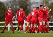 22 April 2018; Cathal Crowley of Cork Youth League, far right, celebrates after scoring his sides first goal with teammates during the FAI Youth Interleague Cup Final match between Mayo Schoolboys & Youths Association Football League and Cork Youth League at Milebush Park in Castlebar, Mayo. Photo by Harry Murphy/Sportsfile