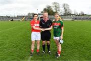 22 April 2018; Referee Brendan Rice with team captains Ciara O’Sullivan of Cork and Sarah Tierney of Mayo ahead of the Lidl Ladies Football National League Division 1 semi-final match between Cork and Mayo at St Brendan's Park in Birr, Offaly. Photo by Ramsey Cardy/Sportsfile
