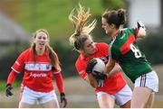 22 April 2018; Maire O’Callaghan of Cork is tackled by Clodagh McManamon of Mayo during the Lidl Ladies Football National League Division 1 semi-final match between Cork and Mayo at St Brendan's Park in Birr, Offaly. Photo by Ramsey Cardy/Sportsfile