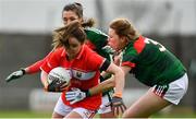 22 April 2018; Eimear Scally of Cork is tackled by Sarah Tierney of Mayo during the Lidl Ladies Football National League Division 1 semi-final match between Cork and Mayo at St Brendan's Park in Birr, Offaly. Photo by Ramsey Cardy/Sportsfile