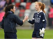 22 April 2018; Dublin's Lyndsey Davey, left, and Ciara Trant celebrate after the Lidl Ladies Football National League Division 1 semi-final match between Dublin and Galway at Coralstown Kinnegad GAA in Kinnegad, Westmeath. Photo by Piaras Ó Mídheach/Sportsfile