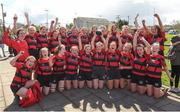 22 April 2018; Tullamore captain, Kate Fox, lifts the cup as her team-mates celebrate after the 18s Plate match between PortDara and Tullamore at Navan RFC in Meath. Photo by Matt Browne/Sportsfile