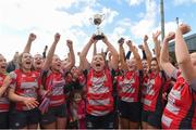 22 April 2018; Ciara Moughty captain of Mullingar lifts the cup as her team-mates celebrate after the 18s Cup match between Mullingar and Wicklow at Navan RFC in Meath. Photo by Matt Browne/Sportsfile