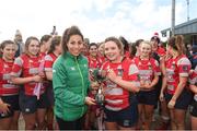 22 April 2018; Ireland international Sene Naoupu presents the cup to Ciara Moughty captain of Mullingar after the 18s Cup match between Mullingar and Wicklow at Navan RFC in Meath. Photo by Matt Browne/Sportsfile