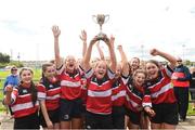 22 April 2018; Beth Roberts captain of Wicklow lifts the cup as her team-mates celebrate after the U16 Cup match between Tullow and Wicklow at Navan RFC in Meath. Photo by Matt Browne/Sportsfile