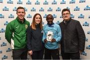 22 April 2018; First place runner Peter Somba, second from right, pictured with, from left, Declan Byrne, Managing Director of TITAN Experience, Caroline Donellan, Head of Marketing at KBC and John Foley, CEO of Athletics Ireland following the KBC Night Run on North Wall Quay in Dublin. Photo by David Fitzgerald/Sportsfile