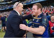 21 April 2018; Sean Cronin of Leinster, right, celebrates with Leinster Rugby President Niall Rynne after the European Rugby Champions Cup Semi-Final match between Leinster Rugby and Scarlets at the Aviva Stadium in Dublin. Photo by Brendan Moran/Sportsfile