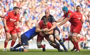 21 April 2018; Lewis Rawlins of Scarlets is tackled by Jordi Murphy and Devin Toner of Leinster during the European Rugby Champions Cup Semi-Final match between Leinster Rugby and Scarlets at the Aviva Stadium in Dublin. Photo by Brendan Moran/Sportsfile