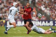 22 April 2018; Simon Zebo of Munster is tackled by Pat Lambie and Marc Andreu of Racing 92 during the European Rugby Champions Cup semi-final match between Racing 92 and Munster Rugby at the Stade Chaban-Delmas in Bordeaux, France. Photo by Diarmuid Greene/Sportsfile