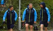 24 April 2018; Jack McGrath arives with scrum coach John Fogarty, left, and head coach Leo Cullen, right, during Leinster Rugby squad training at Rosemount in UCD, Dublin. Photo by Brendan Moran/Sportsfile