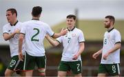 24 April 2018; James McClelland of Ireland - College & Universities, centre, celebrates scoring his sides first goal with teammates Alan O'Sullivan, Pierce Phillips and Anthony Mcalavey during the College & Universities Friendly match between Irish Defence Forces and Ireland at Collins Barracks in Cork. Photo by Harry Murphy/Sportsfile