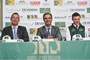 24 April 2018; Rodrigo Pessoa, Irish Show Jumping Team Manager, centre, with Team Ireland members, Cian O'Connor, left, and Michael Duffy during a Horse Sport Ireland press conference launching the 2018 Longines FEI Nations Cup Series at Punchestown Racecourse in Naas, Co. Kildare. Photo by Matt Browne/Sportsfile