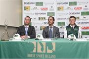 24 April 2018; Rodrigo Pessoa, Irish Show Jumping Team Manager, centre, with Team Ireland members, Cian O'Connor, left and Michael Duffy during a Horse Sport Ireland press conference launching the 2018 Longines FEI Nations Cup Series at Punchestown Racecourse in Naas, Co. Kildare. Photo by Matt Browne/Sportsfile