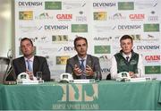 24 April 2018; Rodrigo Pessoa, Irish Show Jumping Team Manager, centre, with Team Ireland members, Cian O'Connor, left and Michael Duffy during a Horse Sport Ireland press conference launching the 2018 Longines FEI Nations Cup Series at Punchestown Racecourse in Naas, Co. Kildare. Photo by Matt Browne/Sportsfile