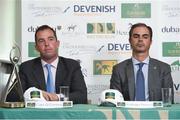 24 April 2018; Team Ireland member Cian O'Connor, left with Rodrigo Pessoa, Irish Show Jumping Team Manager during a Horse Sport Ireland press conference launching the 2018 Longines FEI Nations Cup Series at Punchestown Racecourse in Naas, Co. Kildare. Photo by Matt Browne/Sportsfile