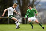 24 April 2018; Liam Scales of Ireland - College & Universities in action against Eric O'Halloran of Irish Defence Forces during the College & Universities Friendly match between Irish Defence Forces and Ireland at Collins Barracks in Cork. Photo by Harry Murphy/Sportsfile