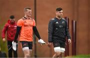 24 April 2018; Stephen Fitzgerald and Conor Oliver make their way out for Munster Rugby squad training at the University of Limerick in Limerick. Photo by Diarmuid Greene/Sportsfile