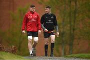 24 April 2018; Jack O’Donoghue and Peter O'Mahony make their way out for Munster Rugby squad training at the University of Limerick in Limerick. Photo by Diarmuid Greene/Sportsfile