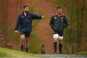 24 April 2018; Rhys Marshall and CJ Stander make their way out for Munster Rugby squad training at the University of Limerick in Limerick. Photo by Diarmuid Greene/Sportsfile