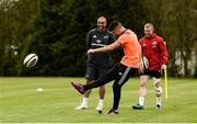 24 April 2018; Conor Murray has a kick at goal as team-mates Simon Zebo and Keith Earls look on during Munster Rugby squad training at the University of Limerick in Limerick. Photo by Diarmuid Greene/Sportsfile