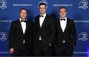 24 April 2018; On arrival at the Leinster Rugby Awards Ball are, from left, Rory O'Loughlin, James Ryan and Dan Leavy. The Awards, taking place at the InterContinental Dublin and MC’d by Darragh Maloney, were a celebration of the 2017/18 Leinster Rugby season to date and over the course of the evening Leinster Rugby acknowledged the contributions of retirees Isa Nacewa, Richardt Strauss and Jamie Heaslip as well as presenting Leinster Rugby caps to departees Jordi Murphy, Cathal Marsh and Peadar Timmins. Former Leinster and Ireland player Paul McNaughton was inducted into the Guinness Hall of Fame. Some of the other Award winners on the night included; Blackrock College (Deep River Rock School of the Year), Hugh Woodhouse, Mullingar RFC (Beauchamps Contribution to Leinster Rugby Award), MU Barnhall RFC (CityJet Senior Club of the Year), Gorey Community School (Irish Independent Development School of the Year Award), Wicklow RFC (Bank of Ireland Junior Club of the Year) and Nora Stapleton (Energia Women’s Rugby Award). Photo by Ramsey Cardy/Sportsfile