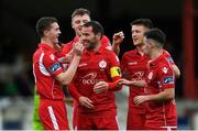 24 April 2018; David Mulcahy of Shelbourne celebrates with team-mates after scoring his side's first goal during the EA SPORTS Cup Second Round match between Shelbourne and Drogheda United at Tolka Park in Dublin. Photo by Eóin Noonan/Sportsfile