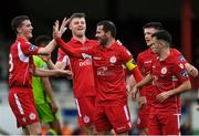 24 April 2018; David Mulcahy of Shelbourne celebrates with team-mates after scoring his side's first goal during the EA SPORTS Cup Second Round match between Shelbourne and Drogheda United at Tolka Park in Dublin. Photo by Eóin Noonan/Sportsfile