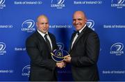 24 April 2018; Richardt Strauss is presented with his Leinster cap on the occasion of his retirement by Niall Rynne, President of Leinster Rugby. The Awards, taking place at the InterContinental Dublin and MC’d by Darragh Maloney, were a celebration of the 2017/18 Leinster Rugby season to date and over the course of the evening Leinster Rugby acknowledged the contributions of retirees Isa Nacewa, Richardt Strauss and Jamie Heaslip as well as presenting Leinster Rugby caps to departees Jordi Murphy, Cathal Marsh and Peadar Timmins. Former Leinster and Ireland player Paul McNaughton was inducted into the Guinness Hall of Fame. Some of the other Award winners on the night included; Blackrock College (Deep River Rock School of the Year), Hugh Woodhouse, Mullingar RFC (Beauchamps Contribution to Leinster Rugby Award), MU Barnhall RFC (CityJet Senior Club of the Year), Gorey Community School (Irish Independent Development School of the Year Award), Wicklow RFC (Bank of Ireland Junior Club of the Year) and Nora Stapleton (Energia Women’s Rugby Award). Photo by Brendan Moran/Sportsfile