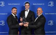 24 April 2018; James Ryan is presented with the Laya Healthcare Young Player of the Year award by DO O’Connor, Deputy Managing Director, Laya Healthcare, left, and Niall Rynne, President of Leinster Rugby. The Awards, taking place at the InterContinental Dublin and MC’d by Darragh Maloney, were a celebration of the 2017/18 Leinster Rugby season to date and over the course of the evening Leinster Rugby acknowledged the contributions of retirees Isa Nacewa, Richardt Strauss and Jamie Heaslip as well as presenting Leinster Rugby caps to departees Jordi Murphy, Cathal Marsh and Peadar Timmins. Former Leinster and Ireland player Paul McNaughton was inducted into the Guinness Hall of Fame. Some of the other Award winners on the night included; Blackrock College (Deep River Rock School of the Year), Hugh Woodhouse, Mullingar RFC (Beauchamps Contribution to Leinster Rugby Award), MU Barnhall RFC (CityJet Senior Club of the Year), Gorey Community School (Irish Independent Development School of the Year Award), Wicklow RFC (Bank of Ireland Junior Club of the Year) and Nora Stapleton (Energia Women’s Rugby Award). Photo by Brendan Moran/Sportsfile