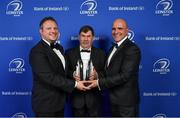 24 April 2018; Hugh Woodhouse, Mullingar RFC, Westmeath, is presented with the Beauchamps Contribution to Leinster Rugby award by John White, Managing Partner, Beauchamps, left, and Niall Rynne, President of Leinster Rugby. The Awards, taking place at the InterContinental Dublin and MC’d by Darragh Maloney, were a celebration of the 2017/18 Leinster Rugby season to date and over the course of the evening Leinster Rugby acknowledged the contributions of retirees Isa Nacewa, Richardt Strauss and Jamie Heaslip as well as presenting Leinster Rugby caps to departees Jordi Murphy, Cathal Marsh and Peadar Timmins. Former Leinster and Ireland player Paul McNaughton was inducted into the Guinness Hall of Fame. Some of the other Award winners on the night included; Blackrock College (Deep River Rock School of the Year), Hugh Woodhouse, Mullingar RFC (Beauchamps Contribution to Leinster Rugby Award), MU Barnhall RFC (CityJet Senior Club of the Year), Gorey Community School (Irish Independent Development School of the Year Award), Wicklow RFC (Bank of Ireland Junior Club of the Year) and Nora Stapleton (Energia Women’s Rugby Award). Photo by Brendan Moran/Sportsfile