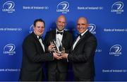24 April 2018; Evan O’Brien, Games Master, Blackrock College, accepts the award on behalf of Blackrock College for the Deep River Rock School of the Year award from Cathal Garvey, Sponsorship & Events Manager with Deep River Rock, left, and Niall Rynne, President of Leinster Rugby. The Awards, taking place at the InterContinental Dublin and MC’d by Darragh Maloney, were a celebration of the 2017/18 Leinster Rugby season to date and over the course of the evening Leinster Rugby acknowledged the contributions of retirees Isa Nacewa, Richardt Strauss and Jamie Heaslip as well as presenting Leinster Rugby caps to departees Jordi Murphy, Cathal Marsh and Peadar Timmins. Former Leinster and Ireland player Paul McNaughton was inducted into the Guinness Hall of Fame. Some of the other Award winners on the night included; Blackrock College (Deep River Rock School of the Year), Hugh Woodhouse, Mullingar RFC (Beauchamps Contribution to Leinster Rugby Award), MU Barnhall RFC (CityJet Senior Club of the Year), Gorey Community School (Irish Independent Development School of the Year Award), Wicklow RFC (Bank of Ireland Junior Club of the Year) and Nora Stapleton (Energia Women’s Rugby Award). Photo by Brendan Moran/Sportsfile