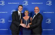 24 April 2018; Gráinne Carroll, President, MU Barnhall RFC, Kildare, accepts the award on behalf of MU Barnhall RFC for the Cityjet Senior Club of the Year award, from Michael Rogers, Business Development Manager, CityJet, left, and President of Leinster Rugby Niall Rynne. The Awards, taking place at the InterContinental Dublin and MC’d by Darragh Maloney, were a celebration of the 2017/18 Leinster Rugby season to date and over the course of the evening Leinster Rugby acknowledged the contributions of retirees Isa Nacewa, Richardt Strauss and Jamie Heaslip as well as presenting Leinster Rugby caps to departees Jordi Murphy, Cathal Marsh and Peadar Timmins. Former Leinster and Ireland player Paul McNaughton was inducted into the Guinness Hall of Fame. Some of the other Award winners on the night included; Blackrock College (Deep River Rock School of the Year), Hugh Woodhouse, Mullingar RFC (Beauchamps Contribution to Leinster Rugby Award), MU Barnhall RFC (CityJet Senior Club of the Year), Gorey Community School (Irish Independent Development School of the Year Award), Wicklow RFC (Bank of Ireland Junior Club of the Year) and Nora Stapleton (Energia Women’s Rugby Award). Photo by Brendan Moran/Sportsfile