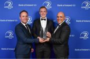 24 April 2018; Dan Leavy is presented with the Life Style Sports Supporters Player of the Year award by Mark Stafford, CEO of Life Style Sports, left, and President of Leinster Rugby Niall Rynne. The Awards, taking place at the InterContinental Dublin and MC’d by Darragh Maloney, were a celebration of the 2017/18 Leinster Rugby season to date and over the course of the evening Leinster Rugby acknowledged the contributions of retirees Isa Nacewa, Richardt Strauss and Jamie Heaslip as well as presenting Leinster Rugby caps to departees Jordi Murphy, Cathal Marsh and Peadar Timmins. Former Leinster and Ireland player Paul McNaughton was inducted into the Guinness Hall of Fame. Some of the other Award winners on the night included; Blackrock College (Deep River Rock School of the Year), Hugh Woodhouse, Mullingar RFC (Beauchamps Contribution to Leinster Rugby Award), MU Barnhall RFC (CityJet Senior Club of the Year), Gorey Community School (Irish Independent Development School of the Year Award), Wicklow RFC (Bank of Ireland Junior Club of the Year) and Nora Stapleton (Energia Women’s Rugby Award). Photo by Brendan Moran/Sportsfile