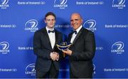 24 April 2018; Cathal Marsh is presented with his Leinster cap on the occasion of his departure from the province at the end of the season by President of Leinster Rugby Niall Rynne. The Awards, taking place at the InterContinental Dublin and MC’d by Darragh Maloney, were a celebration of the 2017/18 Leinster Rugby season to date and over the course of the evening Leinster Rugby acknowledged the contributions of retirees Isa Nacewa, Richardt Strauss and Jamie Heaslip as well as presenting Leinster Rugby caps to departees Jordi Murphy, Cathal Marsh and Peadar Timmins. Former Leinster and Ireland player Paul McNaughton was inducted into the Guinness Hall of Fame. Some of the other Award winners on the night included; Blackrock College (Deep River Rock School of the Year), Hugh Woodhouse, Mullingar RFC (Beauchamps Contribution to Leinster Rugby Award), MU Barnhall RFC (CityJet Senior Club of the Year), Gorey Community School (Irish Independent Development School of the Year Award), Wicklow RFC (Bank of Ireland Junior Club of the Year) and Nora Stapleton (Energia Women’s Rugby Award). Photo by Brendan Moran/Sportsfile